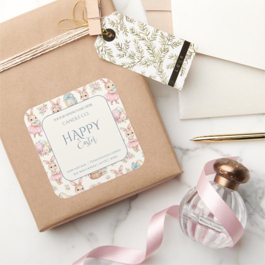 Sticker Carré Cute Easter Bunny Floral Pattern Candle Label (Cadeaux)