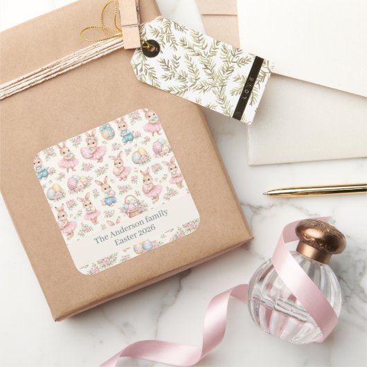 Sticker Carré Cute Easter Bunny Floral Pattern - Pastel Spring  (Cadeaux)