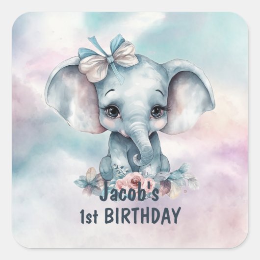 Sticker Carré Cute Elephant 1er anniversaire fête (Devant)