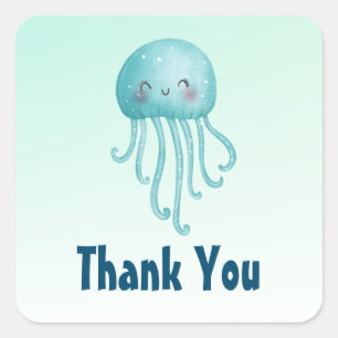 Sticker Carré Cute et amusante Merci de méduse bleu-vert