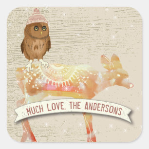 Sticker Carré Cute Eyes Owl Aquarelle Cerf Grange Bois