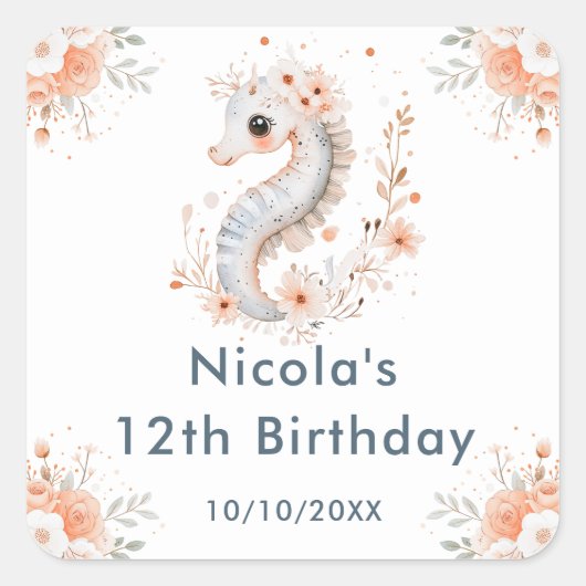 Sticker Carré Cute Floral Seahorse Birthday Party (Devant)