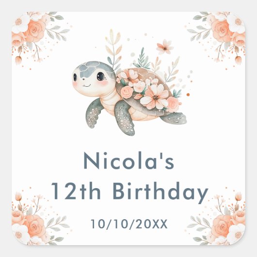 Sticker Carré Cute Floral Turtle Birthday Party (Devant)