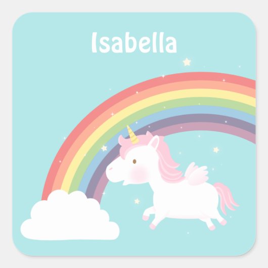 Sticker Carré Cute Flying Unicorn Arc En Ciel Pour Filles (Devant)