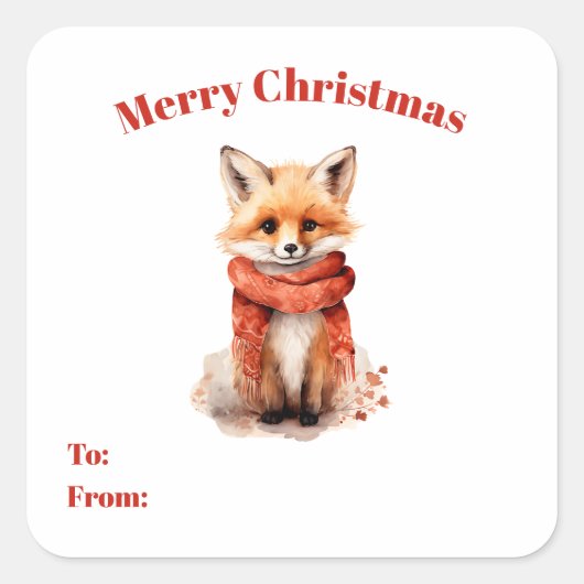 Sticker Carré Cute Fox Pup in a Red Scarf To and From Gift (Devant)