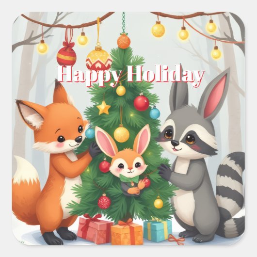 Sticker Carré  Cute Fox, Raccoon, & Bunny Christmas Keepsake (Devant)