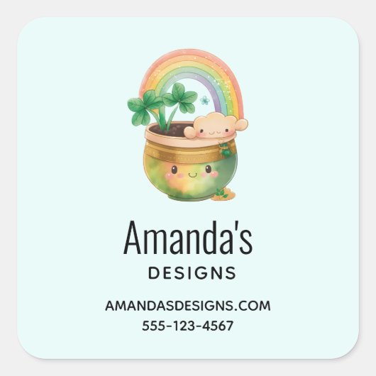 Sticker Carré Cute Garden Planter avec Rainbow & Clover Business (Devant)