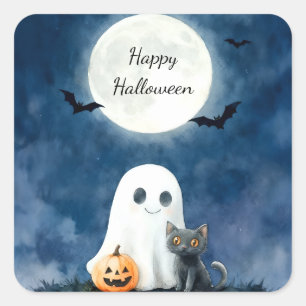 Sticker Carré Cute Ghost et Black Cat Halloween