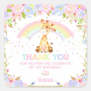 Sticker Carré Cute Giraffe Anniversaire Baby shower Merci Faveur