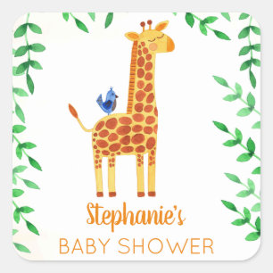 Sticker Carré Cute Giraffe & Baby shower d'oiseaux