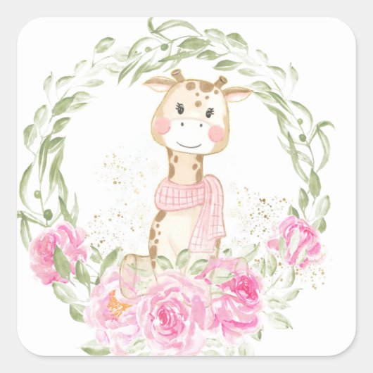 Sticker Carré Cute Giraffe Gold Parties scintillant bébé fille D (Devant)