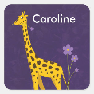 Sticker Carré Cute Giraffe tenant des fleurs violettes personnal