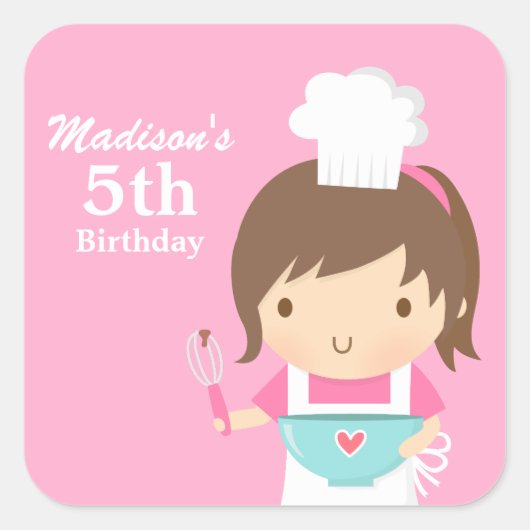 Sticker Carré Cute Girl Chef Cuisine Baking Anniversaire (Devant)