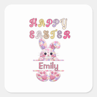 Sticker Carré Cute Girl Personalize Happy Easter Bunny