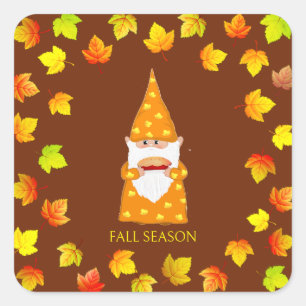 Sticker Carré Cute Gnome & Feuilles d'automne colorées sur Brun