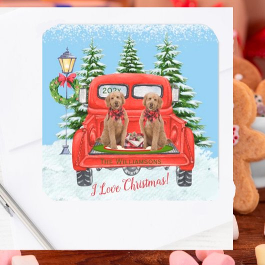 Sticker Carré Cute Goldendoodle Chipies Vintage Camion Rouge