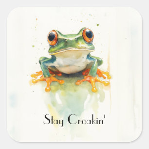 Sticker Carré Cute Green Watercolor Arbre Frog, personnalisé