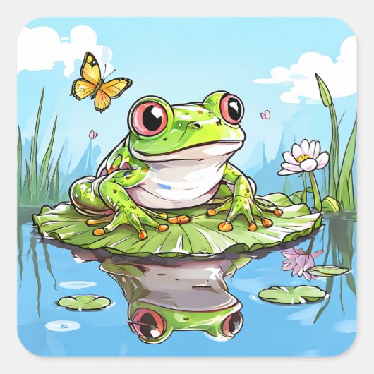 Sticker Carré Cute grenouille sur un Lily Pad Cute (Devant)