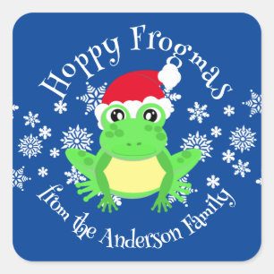Sticker Carré Cute Grenouille verte Noël Père Noël Carton Bleu