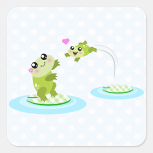 Sticker Carré Cute grenouilles - kawaii dessin de maman et bébé 