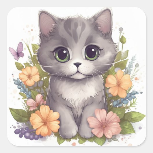 Sticker Carré Cute Grey Kitty avec Fleurs Chibi Kawaii (Devant)