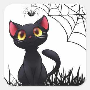 Sticker Carré Cute Halloween Chat Noir Regardant Araignée