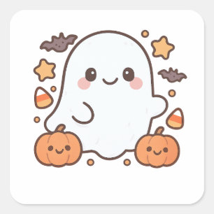 Sticker Carré Cute Halloween Ghost Clipart, Fun et mignon Éffray