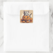 Sticker Carré Cute Halloween Kitten et Jack-O'' Lantern (Sac)