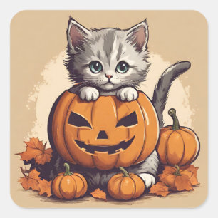 Sticker Carré Cute Halloween Kitten et Jack-O'' Lantern