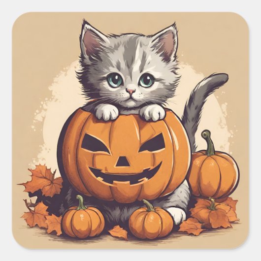 Sticker Carré Cute Halloween Kitten et Jack-O'' Lantern (Devant)