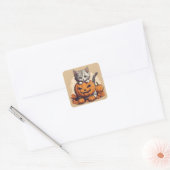 Sticker Carré Cute Halloween Kitten et Jack-O'' Lantern (Enveloppe)
