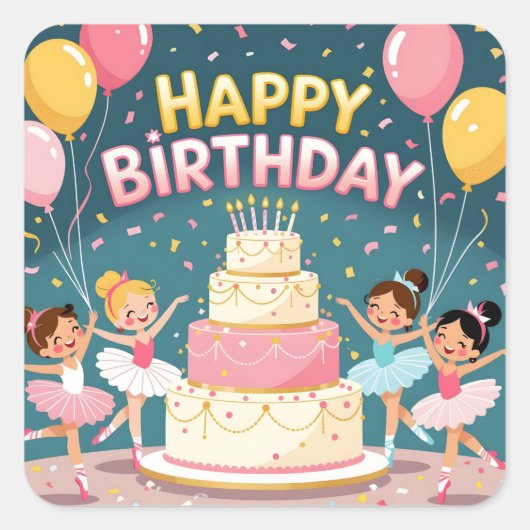 Sticker Carré Cute Happy Birthday ballerina theme (Devant)