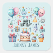 Sticker Carré Cute Happy Birthday cake ajouter nom (Devant)