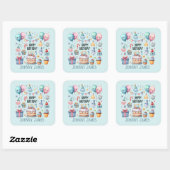 Sticker Carré Cute Happy Birthday cake ajouter nom (Feuille)