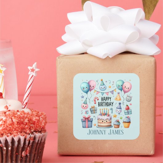 Sticker Carré Cute Happy Birthday cake ajouter nom (Fête)