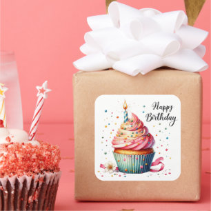 Sticker Carré Cute Happy Birthday cupcake