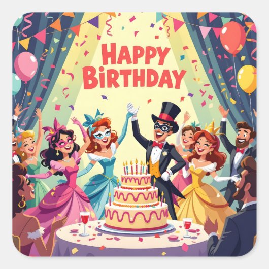 Sticker Carré Cute Happy Birthday masquerade theme (Devant)