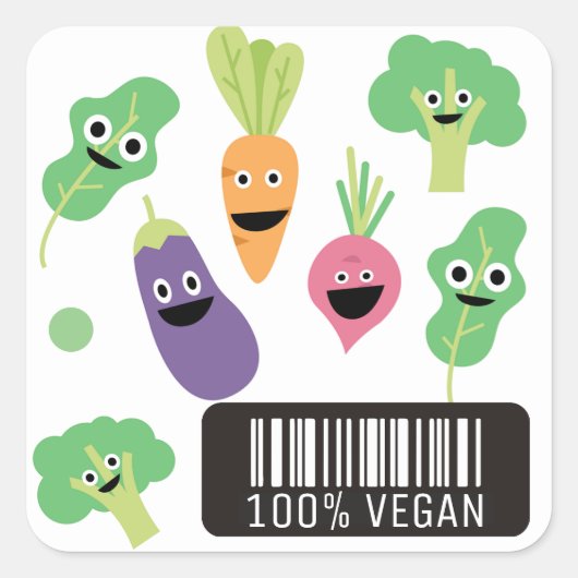 Sticker Carré Cute Happy Vegetables 100% Vegan (Devant)