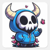Sticker Carré Cute Horned Skull aime les papillons (Devant)