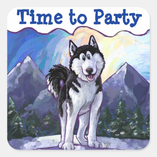 Sticker Carré Cute Husky Time to Party (Devant)