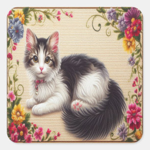 Sticker Carré Cute Japonaise Bobtail Chat Fleurs colorées Bordur