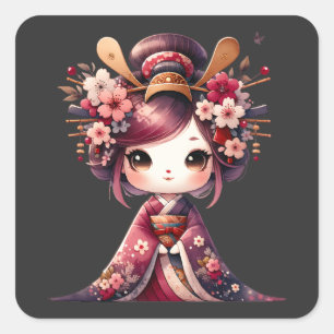 Sticker Carré Cute Japonaise Geisha