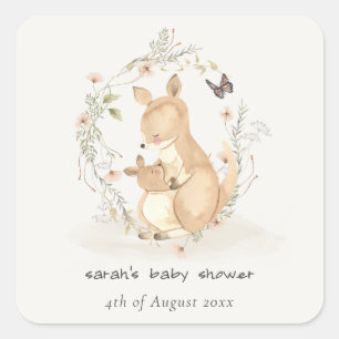 Sticker Carré Cute Joey Mama Kangaroo Baby shower de couronnes f