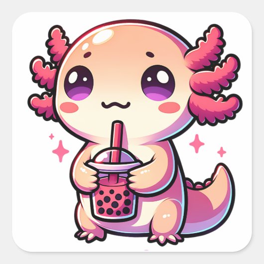 Sticker Carré Cute Kawaii Axolotl avec thé à bulle (Devant)