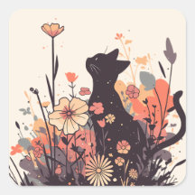Cute Kawaii Chat dans le champ plein de fleurs