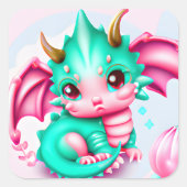 Sticker Carré Cute Kawaii Dragon de bébé Turquoise et rose (Devant)