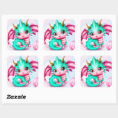Sticker Carré Cute Kawaii Dragon de bébé Turquoise et rose (Feuille)