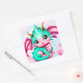 Sticker Carré Cute Kawaii Dragon de bébé Turquoise et rose (Enveloppe)