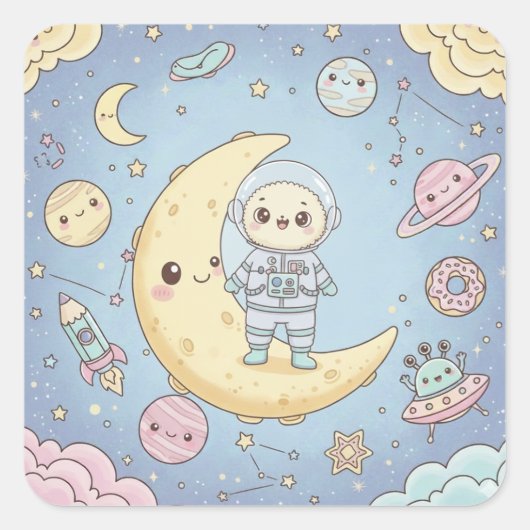 Sticker Carré Cute Kawaii Space - Astronaut and Smiling Moon (Devant)