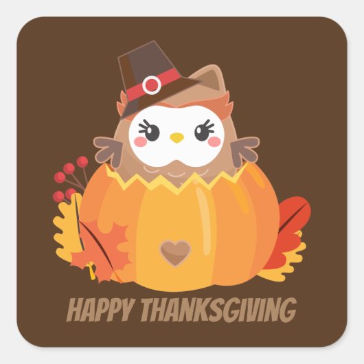 Sticker Carré Cute Kawaii Thanksgiving hibou ajouter un message (Devant)